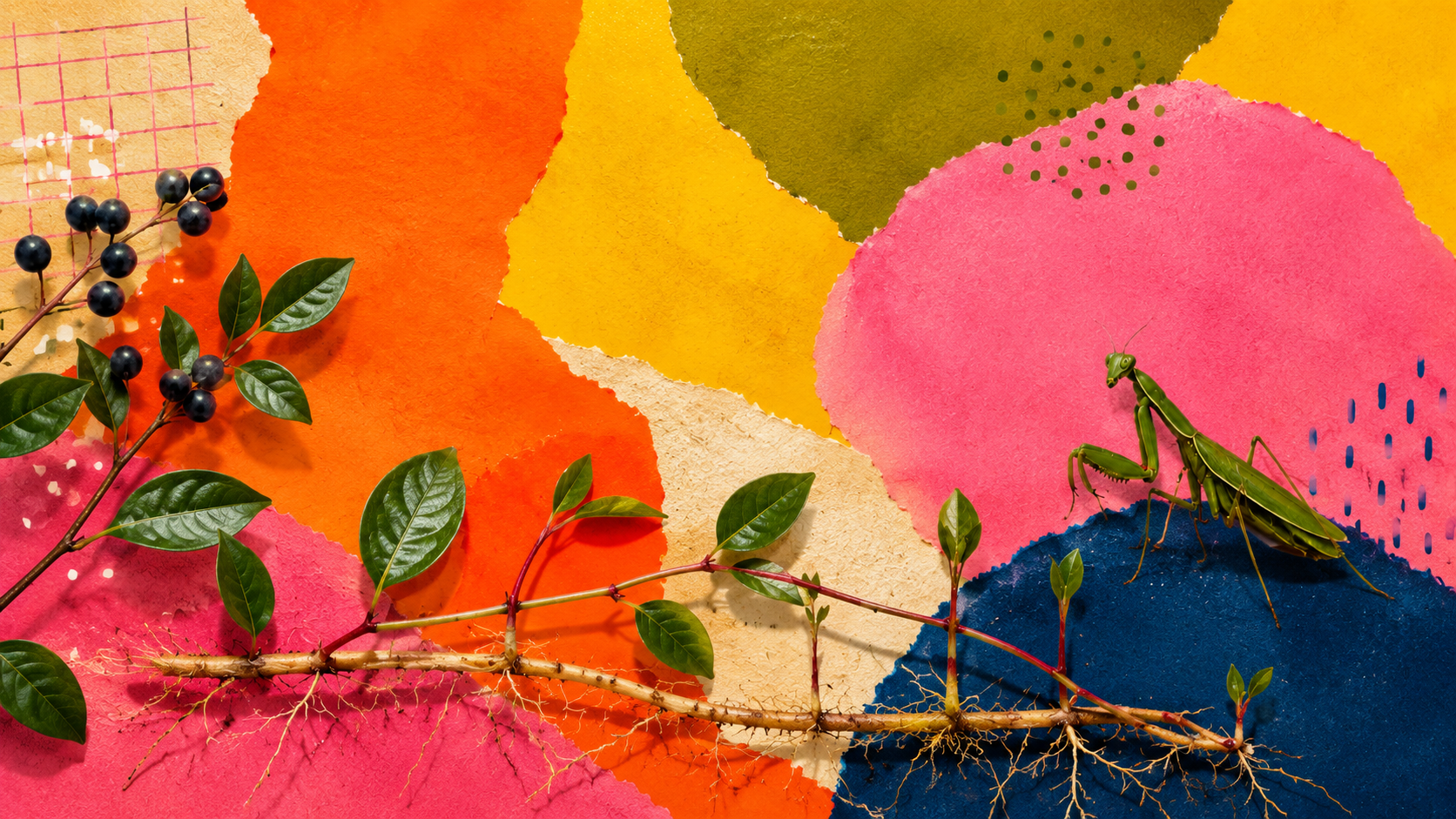 Vivid torn-paper collage with salal leaves and roots, black berries, and a praying mantis
